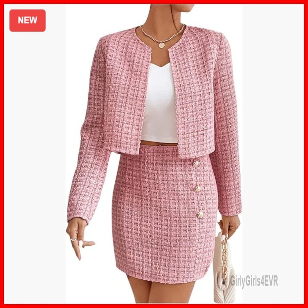 Plaid Tweed Blazer and Skirt Set, 2-Piece Outfit, Long Sleeve Jacket